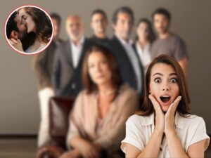 cast tradimento sullo sfondo, donna sorpresa e due persona che si baciano nel cerchio