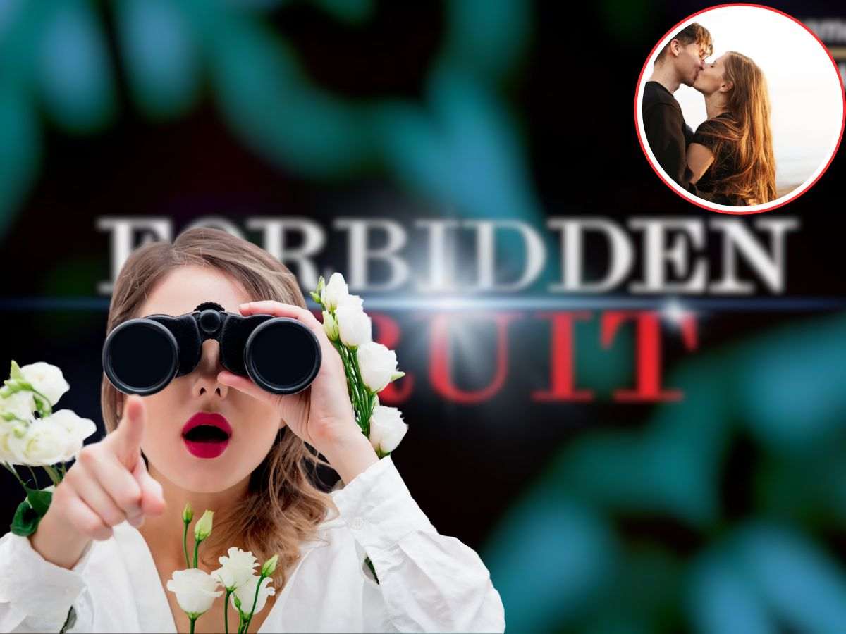 logo forbidden fruit, coppia che si bacia e donna sorpresa 